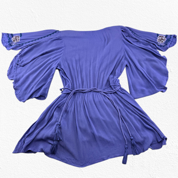 Free People Periwinkle Blue Embroidery Flutter Sleeve Boho Mini Dress Size Small - Picture 9 of 9